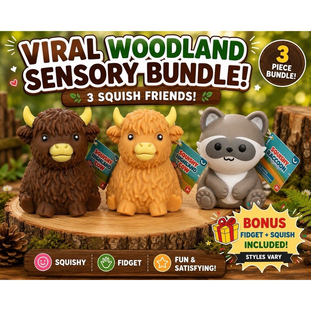 🔥Animal Squish Lot Of 3 Mini Highland Cows And Raccoon Squishy Toy - VIRAL